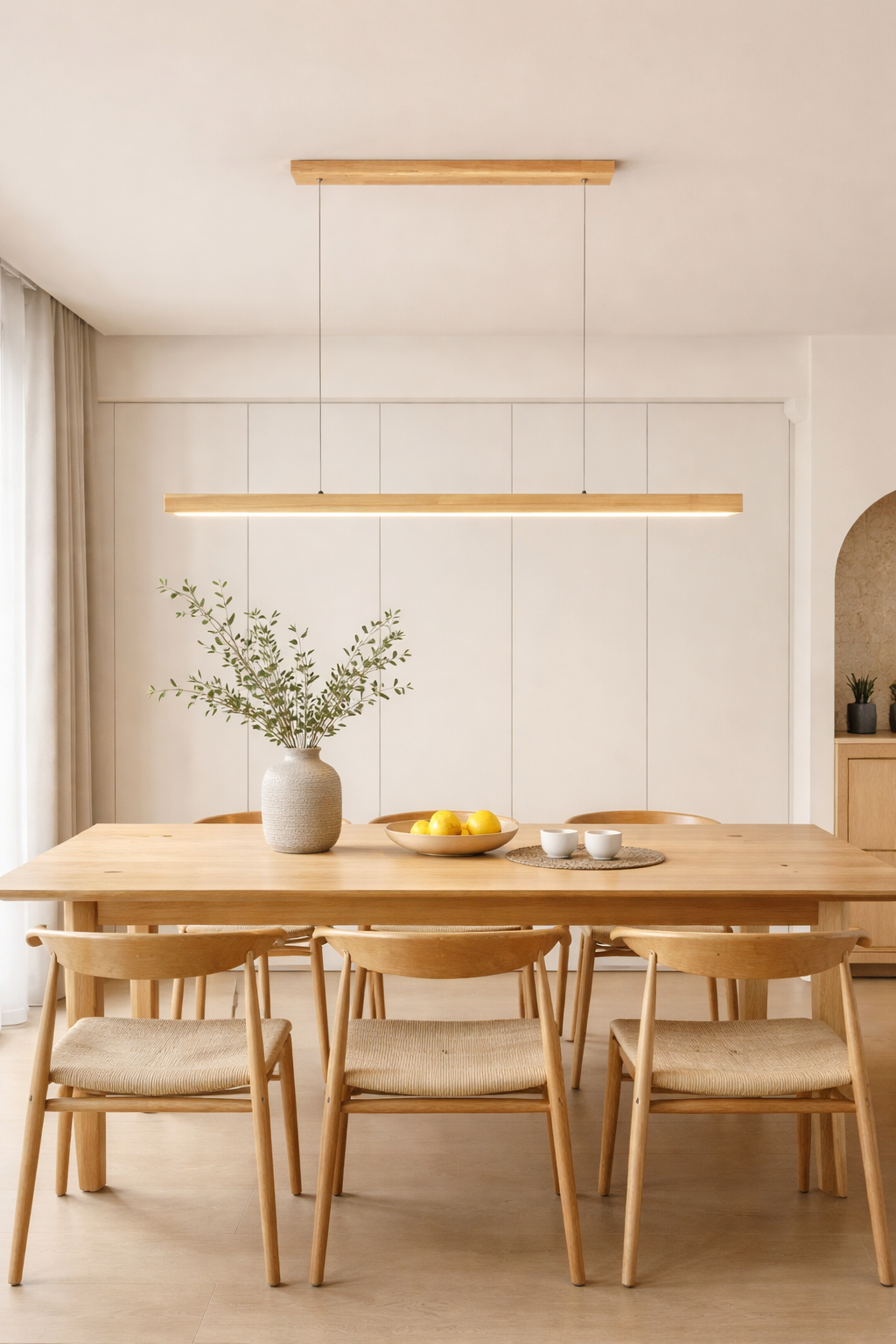 Suspension Linéaire Bois LED 80 100 120 cm Noyer Naturel Salle à Manger Salon