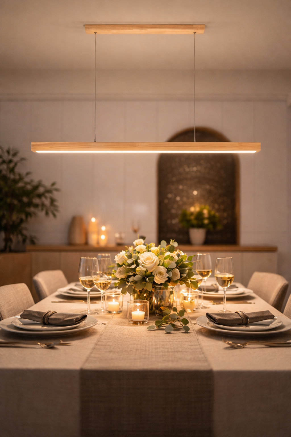 Suspension Linéaire Bois LED 80 100 120 cm Noyer Naturel Salle à Manger Salon