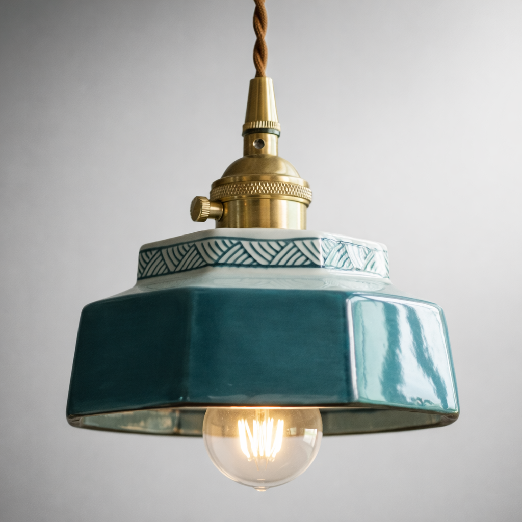 Suspension Céramique Peinte Main Cuivre E27 Fil 200 cm Artisanale Salon Cuisine