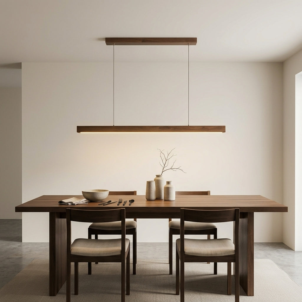 Suspension Linéaire Bois LED 80 100 120 cm Noyer Naturel Salle à Manger Salon