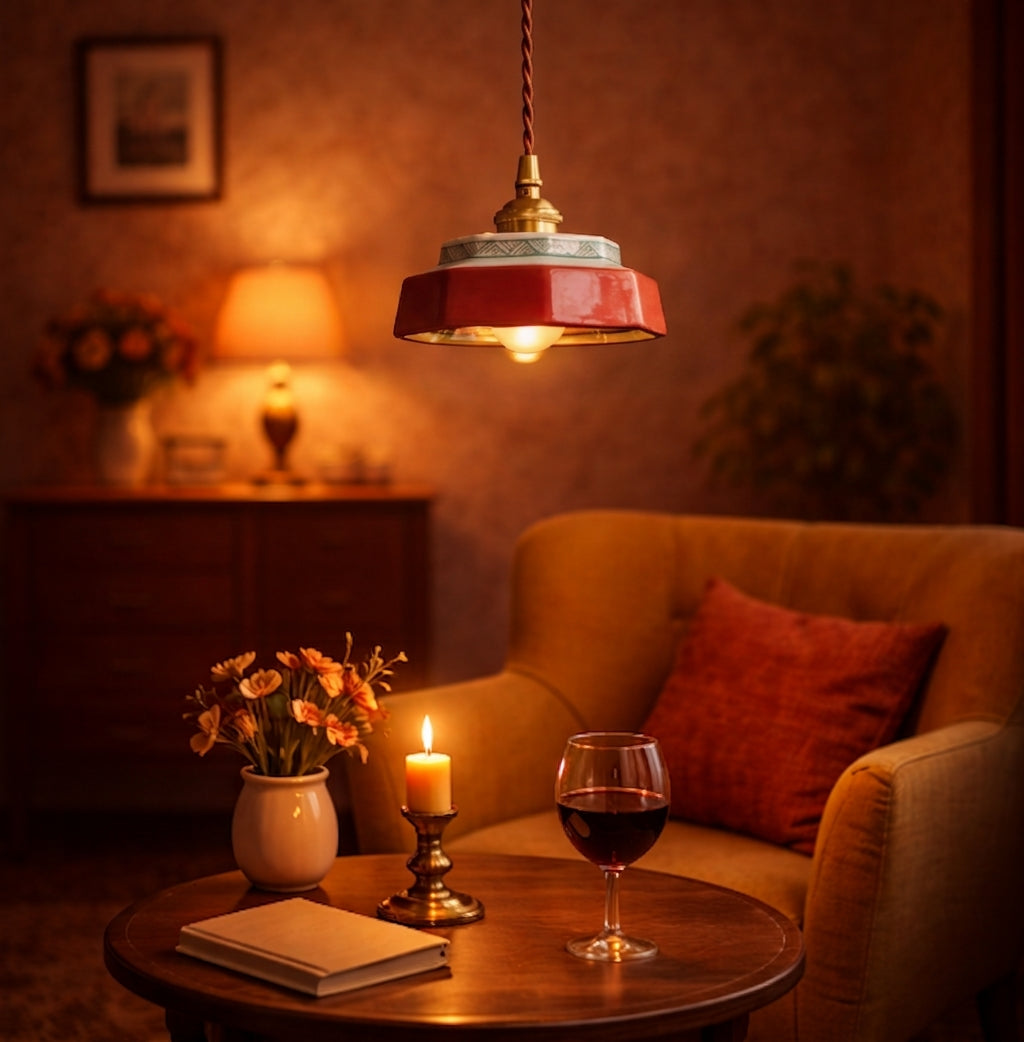 Suspension Céramique Peinte Main Cuivre E27 Fil 200 cm Artisanale Salon Cuisine