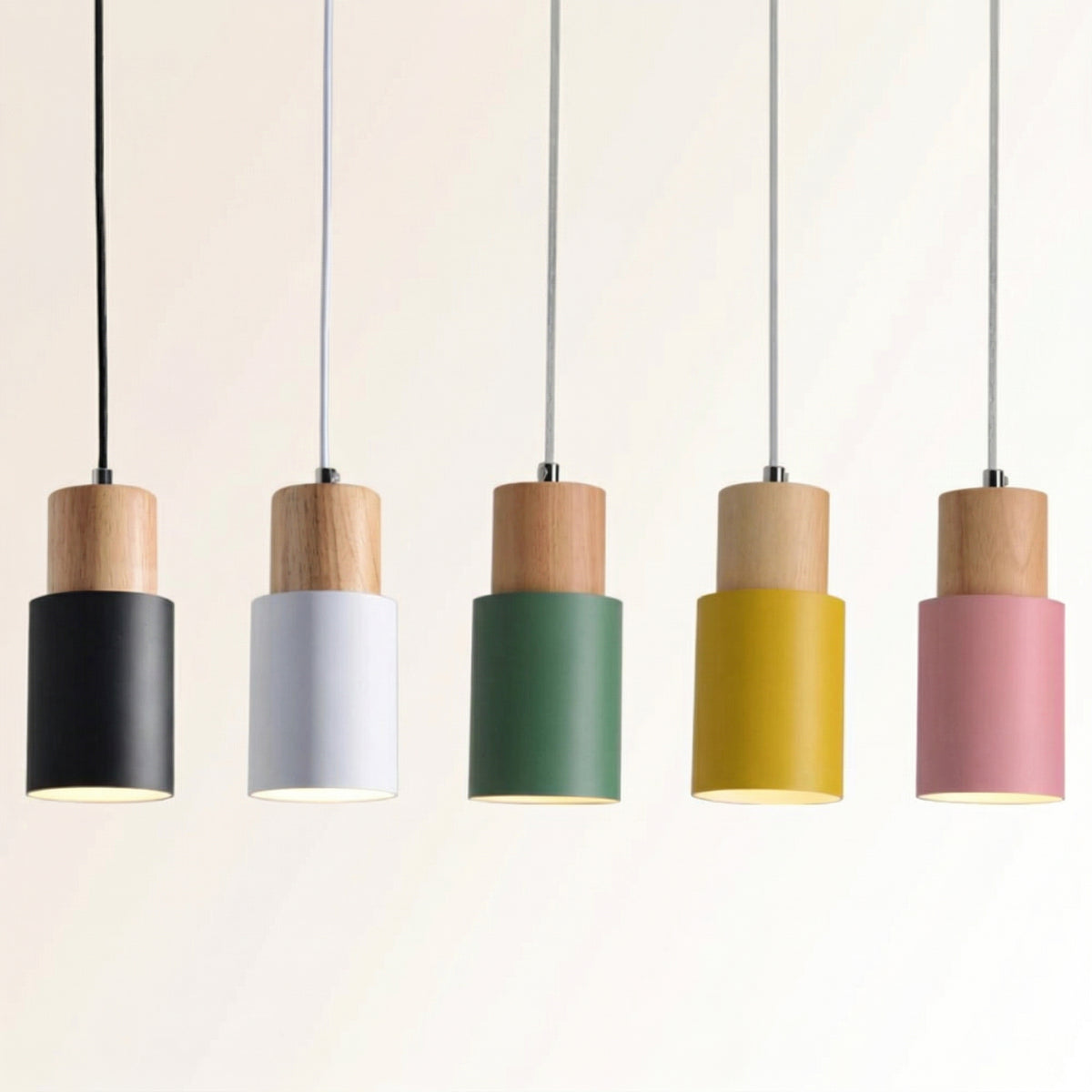 Suspension Bois et Métal Coloré Nordique E27 5 Couleurs Cuisine Bar