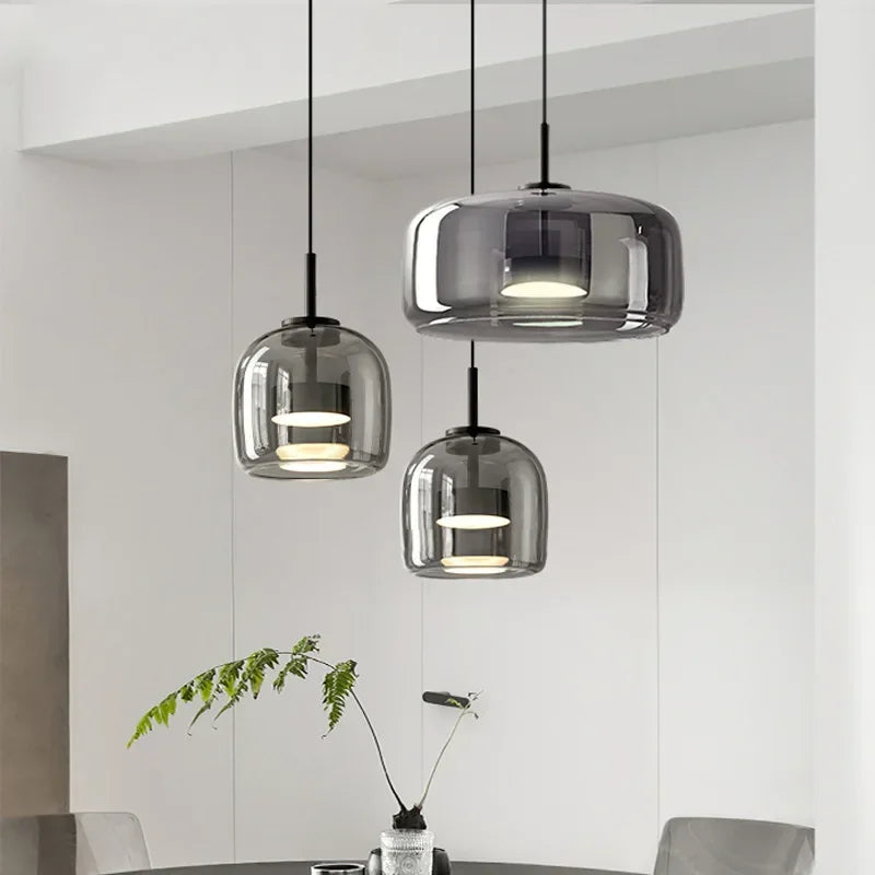 Suspension LED Verre Transparent Nordique Ø26 38 cm Doré Gris Cuisine Salon